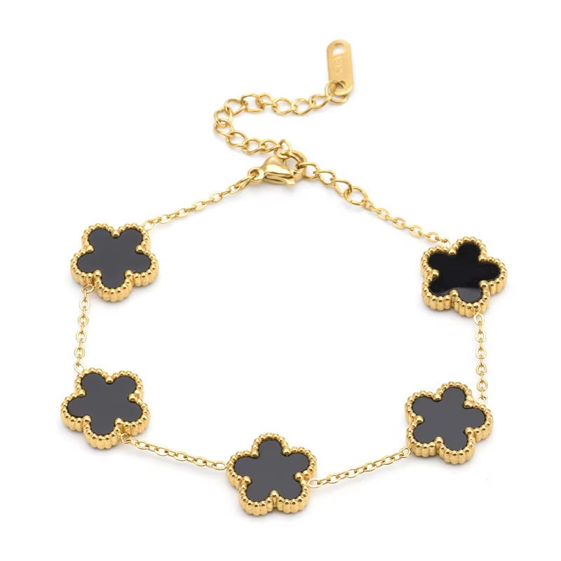 Adjustable Gold-Plated Stainless Steel Plant Flower Bracelet with Five Leaf Petals Women'S Luxury Gifts Clover