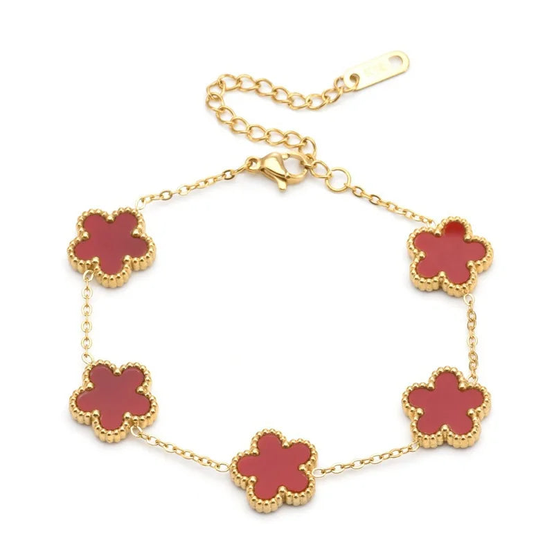 Adjustable Gold-Plated Stainless Steel Plant Flower Bracelet with Five Leaf Petals Women'S Luxury Gifts Clover