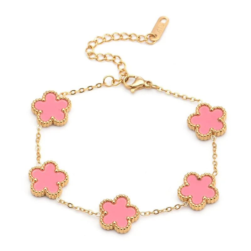 Adjustable Gold-Plated Stainless Steel Plant Flower Bracelet with Five Leaf Petals Women'S Luxury Gifts Clover