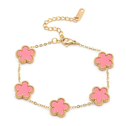 Adjustable Gold-Plated Stainless Steel Plant Flower Bracelet with Five Leaf Petals Women'S Luxury Gifts Clover