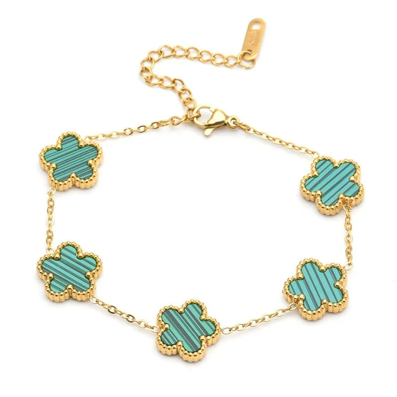 Adjustable Gold-Plated Stainless Steel Plant Flower Bracelet with Five Leaf Petals Women'S Luxury Gifts Clover