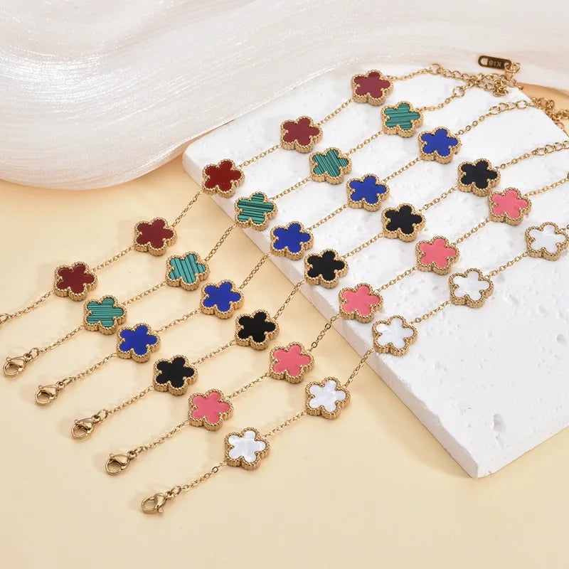 Adjustable Gold-Plated Stainless Steel Plant Flower Bracelet with Five Leaf Petals Women'S Luxury Gifts Clover